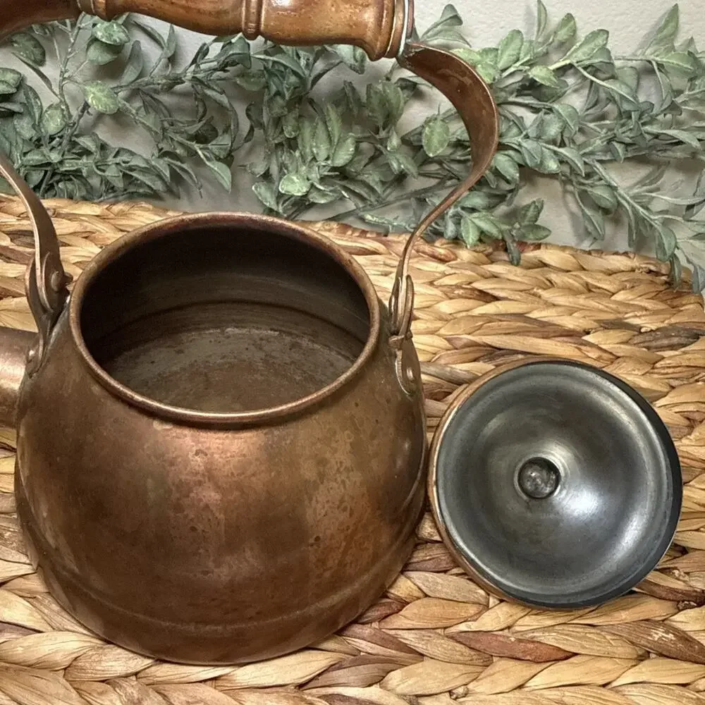 B&M Portugal Copper Tea Kettle Wood Handle Lidded Tin Lined 7” Farmhouse Vtg